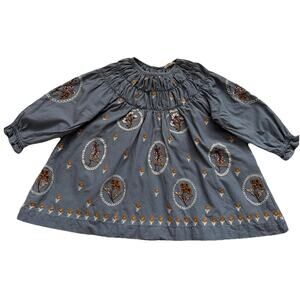 Lali Tulip Floral Cameo Embroidered Dress Girls Size 2 Blue Long Sleeves Cotton